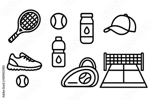 Tennis line icons set including racket, ball, court, shoes, cap, water bottles, and bag, sport essentials for tennis players, training equipment vector illustration
