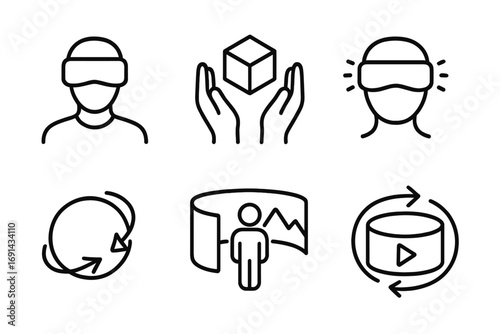 Minimalist Virtual Reality Icon Set for Interactive Technology and 360-Degree Experience, VR Headset, 3D Hologram, Immersive Panorama, and Media Playback Symbols Vector Illustration