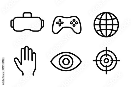 Virtual reality line icons set with headset, gaming controller, globe, hand, eye, and target symbols, vector cartoon illustration, transparent background, ordered collection