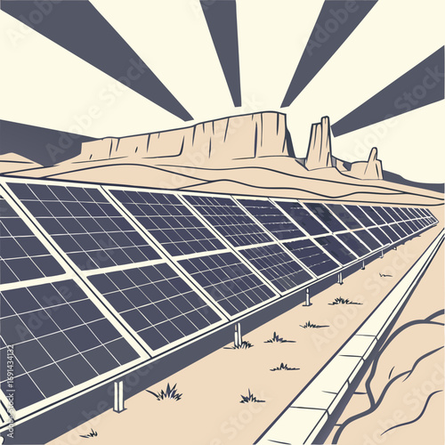 Solar Panel Farm in Desert Landscape Clean Energy Sustainable Power Illustration.