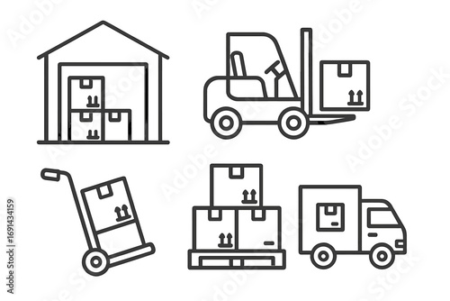 Warehouse and logistics linear icons set for shipping, storage, delivery, freight, cargo handling, pallet jack, forklift truck, package transport, inventory management, vector illustration