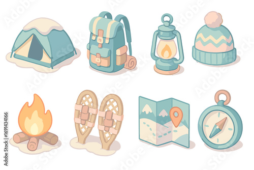 Winter adventure icon set with camping gear, navigation tools, snowshoes, lantern, campfire, backpack, hat, map, compass, snow tent in pastel isometric cartoon style for outdoor exploration and travel