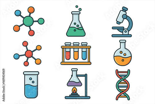 Set of scientific icons for chemistry and biology. Laboratory equipment for experiments. Molecule, DNA, microscope, test tubes, flask. Modern flat cartoon vector illustration.