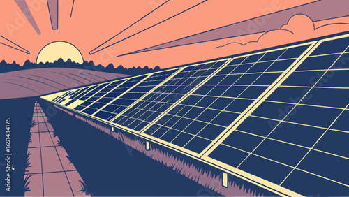 Solar Panel Field at Sunset Clean Energy Illustration Renewable Energy Source.