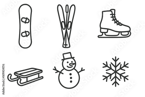 Winter sports icons set with snowboard, skis, ice skates, sled, snowman, and snowflake line art vector illustration, cartoon style, transparent background, seasonal winter activities collection