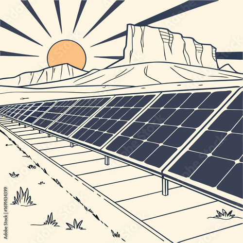 Solar Panels in Desert Landscape at Sunrise Clean Energy Sustainable Power Illustration.
