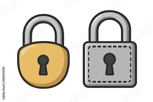 Two padlocks vector icon set. Gold and silver lock illustration for security, safety, and privacy concepts. Secure protection symbol. Minimalist cartoon style on transparent background.