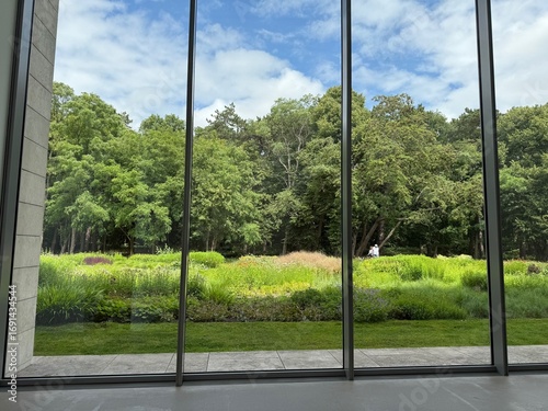 Wallpaper Mural Beautiful green trees and other different plants under blue sky, view through panoramic windows Torontodigital.ca