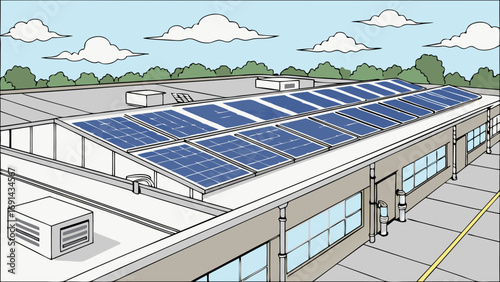 Solar Panels on Building Roof Green Energy Sustainable Technology Illustration.