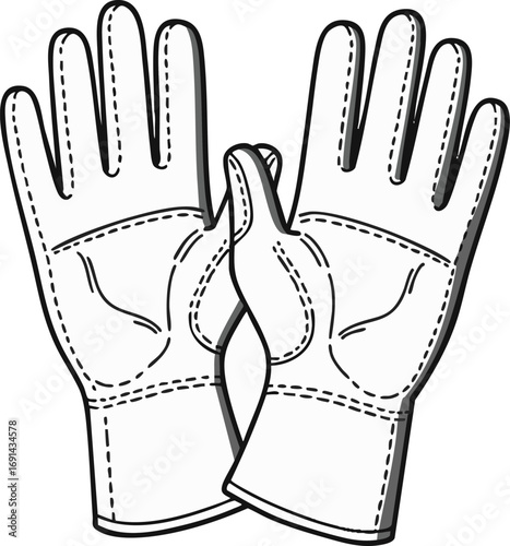 A clear black and white line art illustration depicts a pair of robust work gloves, offering essential hand protection for industrial, construction, and diverse manual labor projects.