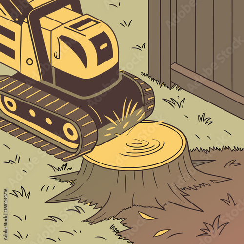 Stump Grinding Machine Removing Tree Stump in Backyard Illustration.