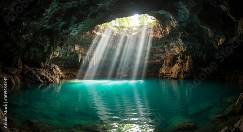 Cave with Turquoise Water and Sunlight Beams