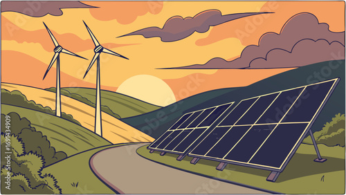 Sunset landscape with wind turbines and solar panels renewable energy illustration green energy concept.