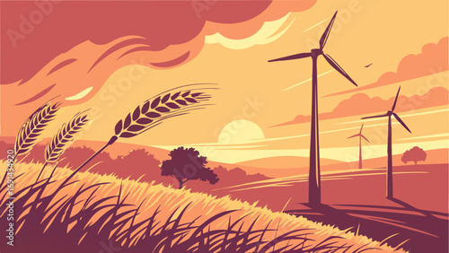 Sunset landscape with wind turbines and wheat field renewable energy rural scene vector illustration.