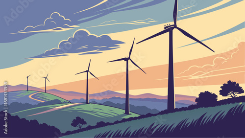 Sunset Landscape with Wind Turbines Green Hills and Clouds Clean Energy Illustration.