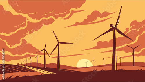 Sunset landscape with wind turbines renewable energy alternative energy eco-friendly power generation rural scenery countryside view wind farm sustainable energy clean energy environment.