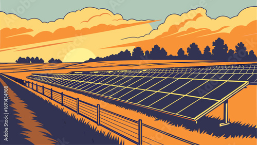 Sunset over a solar farm renewable energy clean energy alternative energy sustainable energy eco-friendly photovoltaic panels solar power energy production landscape countryside rural.