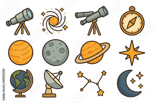 Space exploration icon set. Astronomy symbols collection. Vector cartoon graphic with telescope, galaxy, planet, moon, star, constellation, satellite, compass, globe. Science.