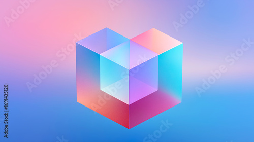 Abstract 3D transparent cube with hollow center, pastel gradient colors, modern geometric design. Ideal for tech branding, digital art, and creative advertising visuals.