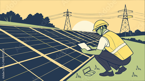 Technician Inspecting Solar Panel Array with Tablet and Laptop in a Field near Power Lines at Sunset.
