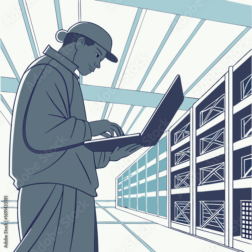 Technician using laptop in a server room data center network infrastructure illustration.