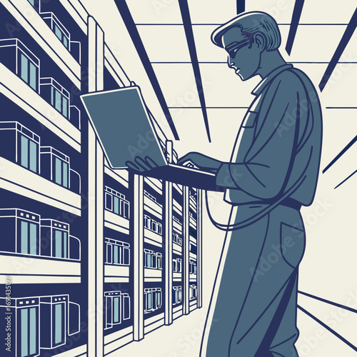 Technician working on a server rack with a laptop data center illustration technology support concept.