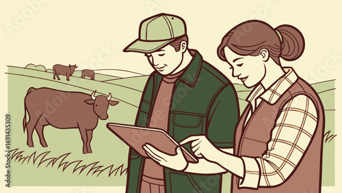 Two farmers reviewing data on a tablet device in a pasture with cattle.
