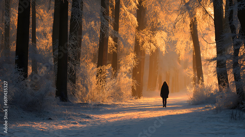 Mystical Winter Forest Silhouettes: Tranquil Path Through Snowy Ambient Nature for Solitude and Exploration