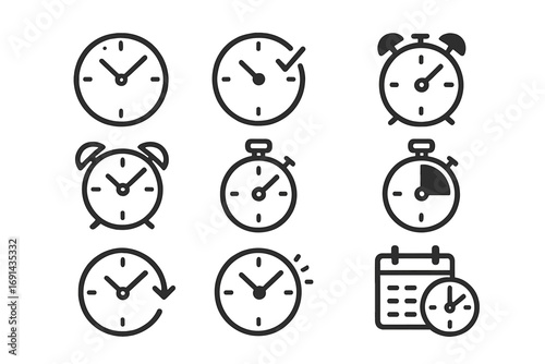 Clock and timer line icon set. Time management, schedule, and deadline concepts. Vector collection of watch, alarm, stopwatch, and calendar symbols for web and app design.