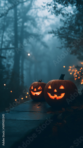 Spooky Halloween Nighttime Forest with Glowing Jack-o-Lantern Pumpkins – Creepy and Festive Autumn Celebration