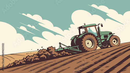 Vintage Tractor Plowing Field Agriculture Farming Illustration Rural Landscape Agricultural Machinery Soil Cultivation Countryside Scene.