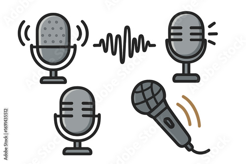 Microphone vector icon set for podcast and audio recording. Sound wave and voice broadcast symbol. Radio studio equipment pictogram collection. Flat cartoon line illustration.