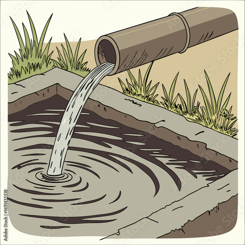 Water flowing from a pipe into a basin illustration nature rural irrigation agriculture sustainability environmental conservation design element.
