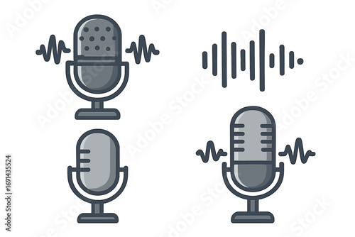 Set of microphone icons and sound wave symbol. For podcast, audio recording, voice memo, interview. Radio broadcast and studio equipment vector illustration. Communication.