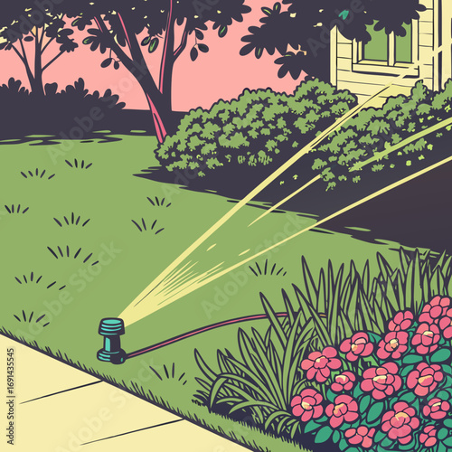 Watering a garden with a sprinkler lawn care spring flowers summer irrigation backyard landscape design.