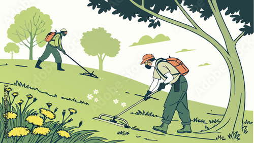 Weed control workers maintaining a green space.