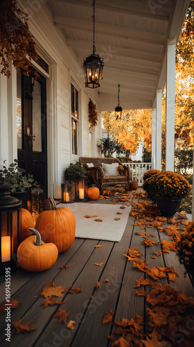 Cozy Autumn Porch Decorations with Pumpkins and Lanterns – Yellow and Orange Seasonal Harvest Home Exterior Design
