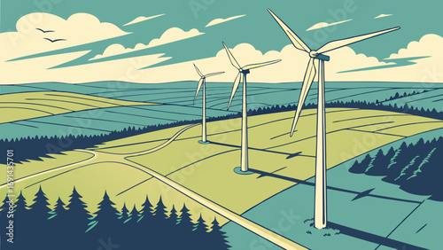 Wind Turbines in a Green Landscape Clean Energy Illustration.