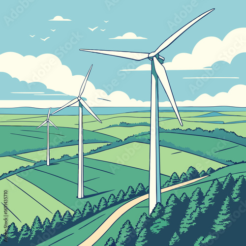 Wind Turbines in a Green Landscape Clean Energy Illustration Renewable Power Source Eco-Friendly Energy Sustainable Power Generation.