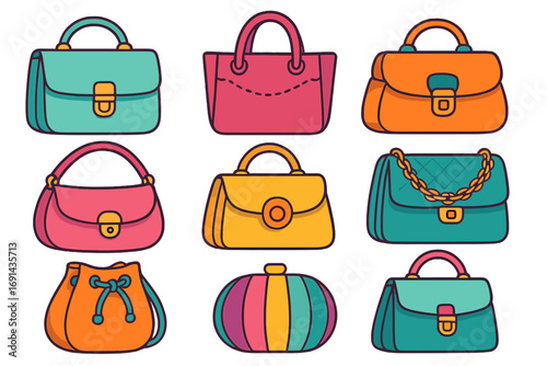 Set of colorful woman handbags. Collection of various stylish purses & bags for ladies. Vector cartoon illustration of fashion accessories isolated on white background.