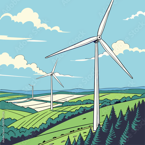 Wind Turbines in a Green Landscape Clean Energy Illustration Sustainable Power Source.