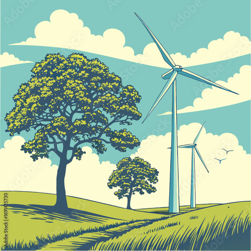 Wind Turbines in a Green Landscape with Trees and Clouds Eco-Friendly Energy Illustration.