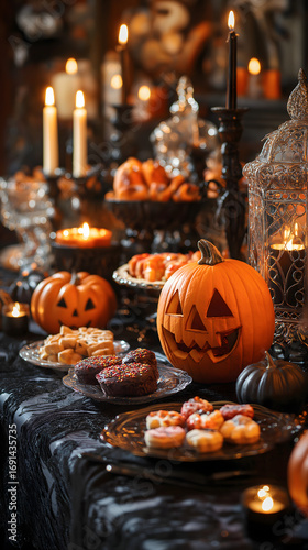 Halloween Pumpkin Decor and Spooky Treats for Festive Autumn Party Display