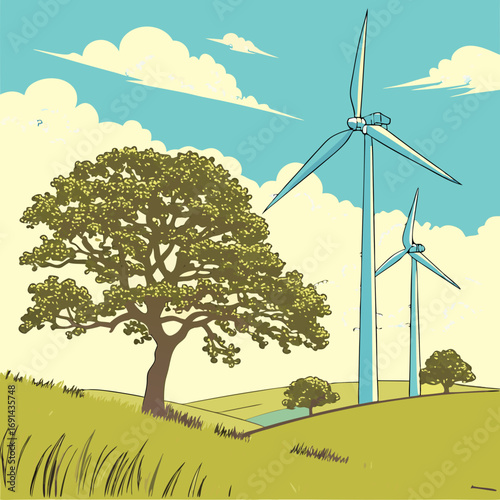 Wind Turbines in a Green Meadow Landscape with Trees and Blue Sky Illustration.