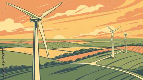Wind turbines in a picturesque sunset landscape renewable energy clean energy eco-friendly power generation sustainable technology rural scenery farmland view aerial perspective vector il.