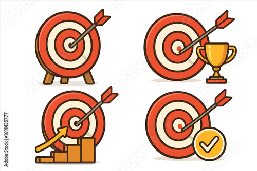 Business goal success icon set. Target with arrow, trophy, growth chart, and checkmark symbols. Metaphor for achievement, strategy, and reaching objectives. Flat cartoon vector.
