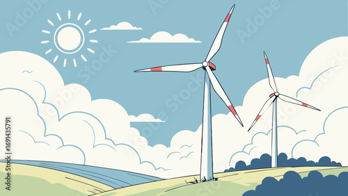 Wind Turbines in a Sunny Landscape with Clouds Illustration.