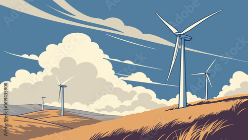 Wind turbines on a hillside under a cloudy sky renewable energy clean power sustainable technology illustration.