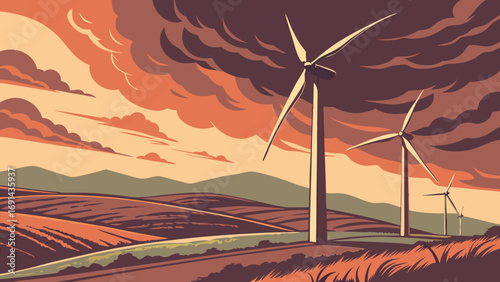 Wind Turbines on a Hilly Landscape Under a Dramatic Sky.