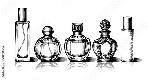 Vintage Sketch Collection of Perfume Bottles in Various Shapes – Black and White Hand-Drawn Vector Illustration

